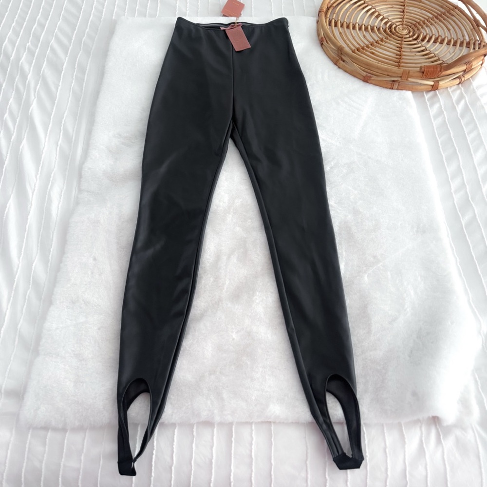 Wolford Amina Muaddi Faux Leather Leggings Stirrup Black NWT - Picture 4 of 13